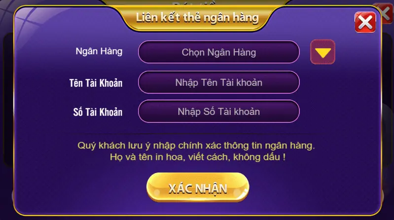 Người chơi cần điền chính xác thông tin để việc rút tiền thuận lợi